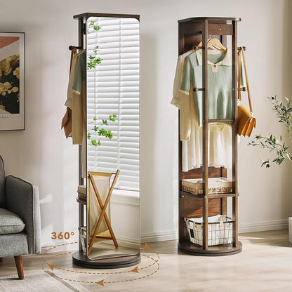 Full Length Mirror Coat Rack - 360° Rotating Standing Mirror with Storage (Variation: With Top)