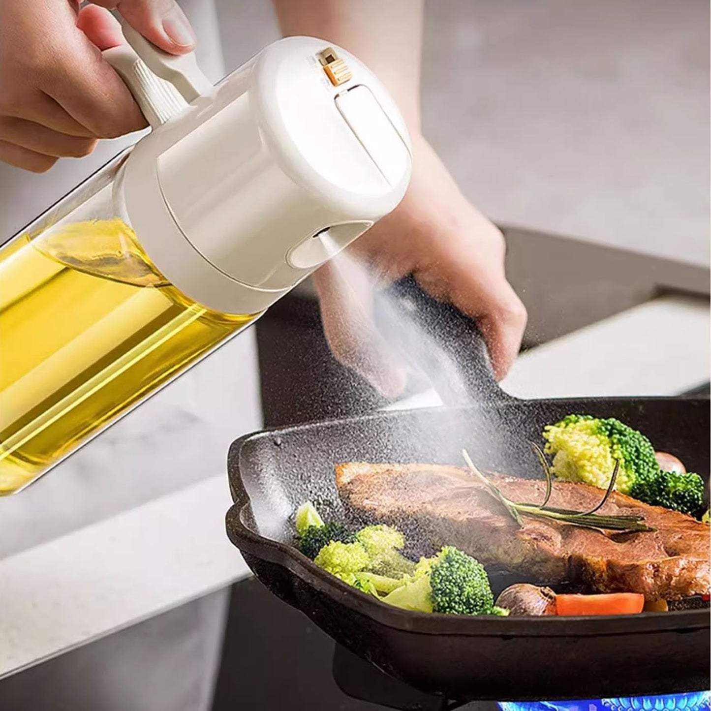 Skiennix Glass 2-in-1 Olive Oil Sprayer & Dispenser - 18oz Food-Grade Bottle for Cooking & BBQ
