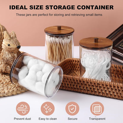 Temoyj Qtip Holder Dispenser Set - 10 oz Clear Plastic Apothecary Jars with Wood Lids for Makeup Storage | Bathroom Accessories