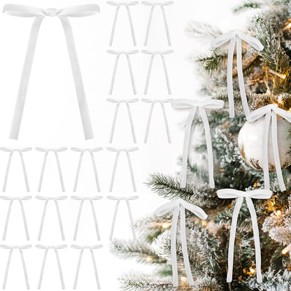Skiennix 24 Pcs Velvet Bows - Vintage Ribbon Bows for Christmas Tree & Crafts | White, 5 x 7 Inch