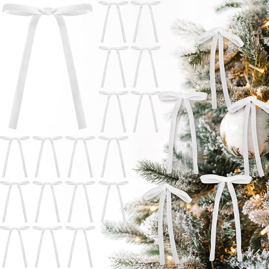 Skiennix 24 Pcs Velvet Bows - Vintage Ribbon Bows for Christmas Tree & Crafts | White, 5 x 7 Inch