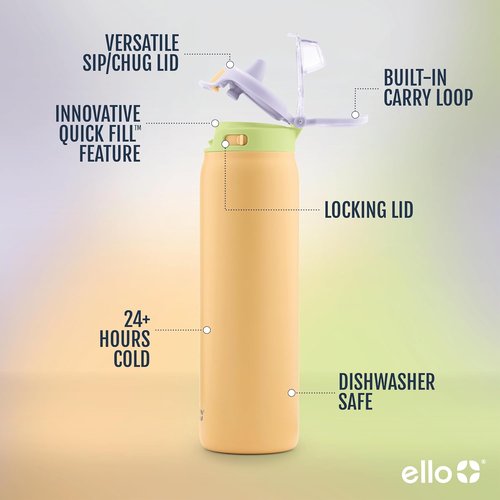 Ello Pop & Fill 22oz Stainless Steel Water Bottle - Quick Fill, Double Walled, Leak Proof | Sunset Meadow