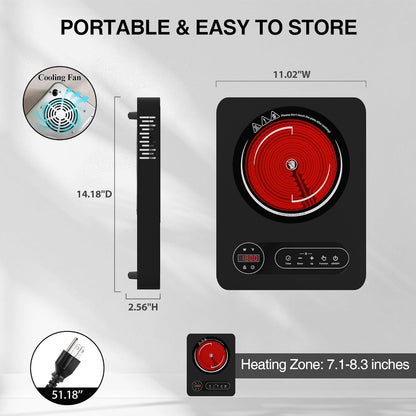 Skiennix Single Burner Electric Cooktop - 1800W Portable Stove with LED Touch Control & Safety Features