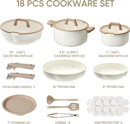 CAROTE 18-Piece Ceramic Cookware Set - Induction Nonstick Pots and Pans with Detachable Handle, Brown