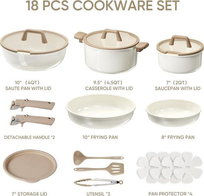 CAROTE 18-Piece Ceramic Cookware Set - Induction Nonstick Pots and Pans with Detachable Handle, Brown