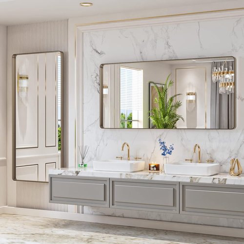 LOAAO Bronze Bathroom Mirror - 60”x28” Rounded Rectangle with Anti-Rust Brushed Metal Frame | Versatile Hanging Options