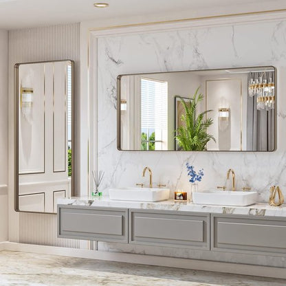 LOAAO Bronze Bathroom Mirror - 60”x28” Rounded Rectangle with Anti-Rust Brushed Metal Frame | Versatile Hanging Options