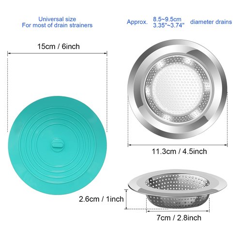 V-TOP Kitchen Drain Strainer Stopper 4 Pack, Universal 6 Inch Silicone Plug Anti-Clogging Stopper Cover, 4.5 Inch Stainless Steel Basket Strainer Food and Hair Catcher