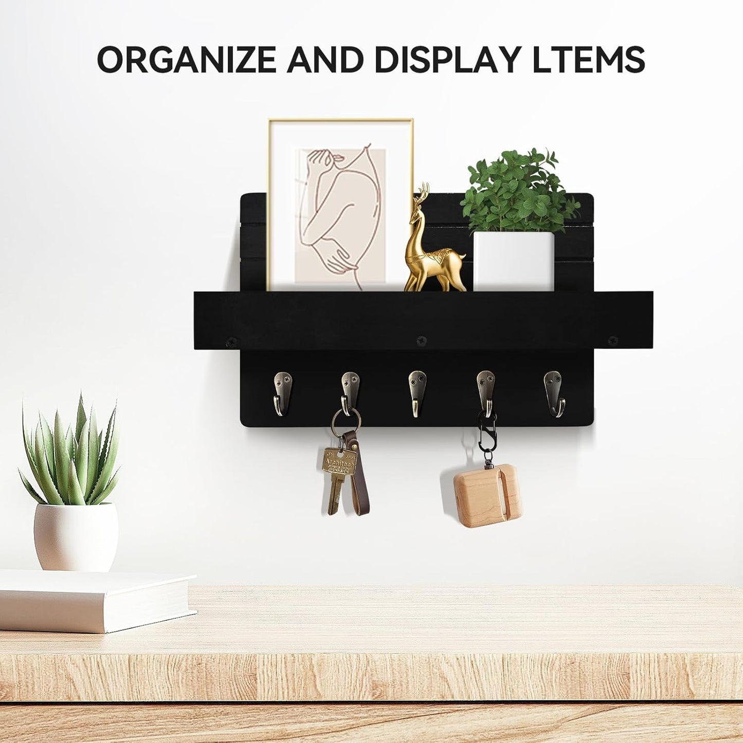 Regine Switzerland Key Holder Wall Mount - Rustic Wooden Key Rack with Shelf & 5 Sturdy Hooks for Entryway Organization