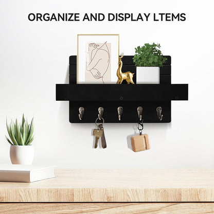 Regine Switzerland Key Holder Wall Mount - Rustic Wooden Key Rack with Shelf & 5 Sturdy Hooks for Entryway Organization