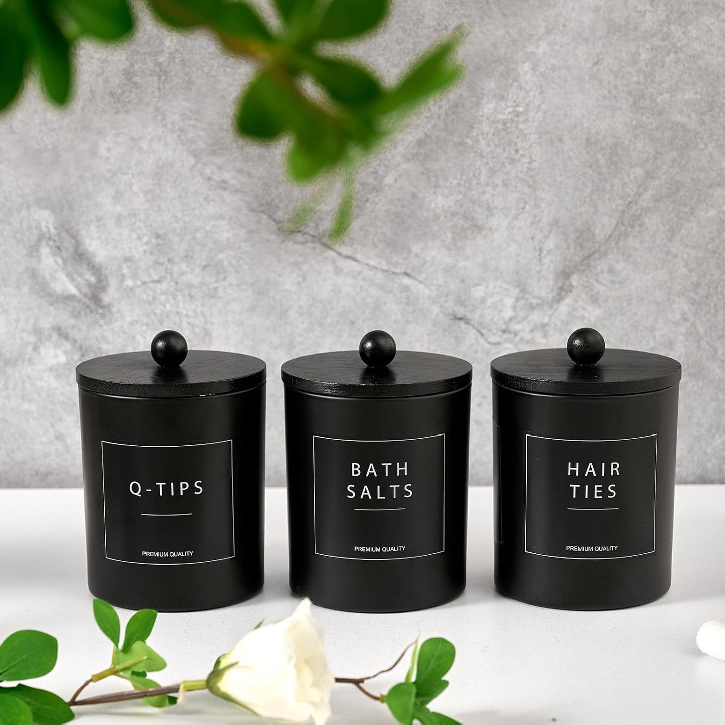 Regine Switzerland Glass Qtip Holder - Elegant Black Cotton Round Dispenser with Bamboo Tray | Set of 3