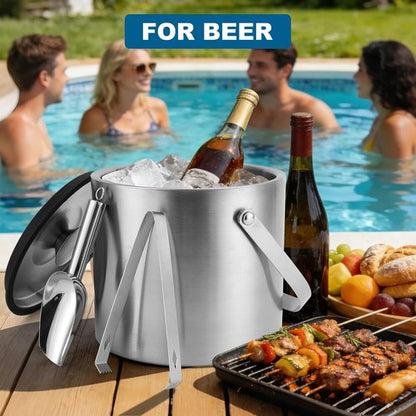 Ice Bucket, 4L Double Wall Insulated Ice Bucket with Lid,Scoop,Tongs- Inner Layer 304 Stainless Steel Ice Container Keep Ice Frozen Longer- Ideal for Cocktail Bar,Parties,Chilling Beer Win