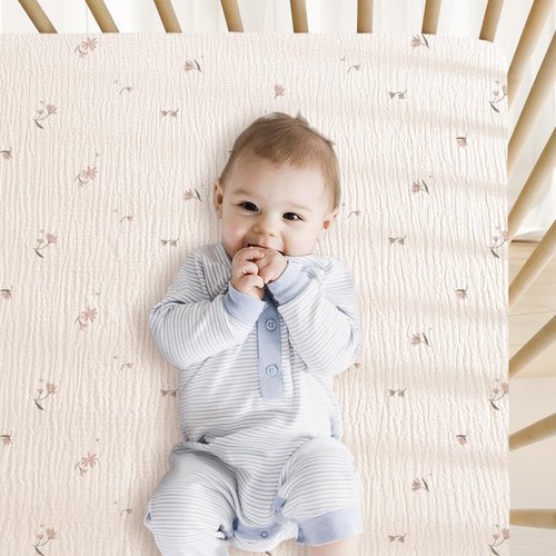 Little Grape Land Muslin Crib Sheets - 100% Cotton Soft & Breathable 2-Pack | Neutral Fog Flower Design, 52x28 Inches