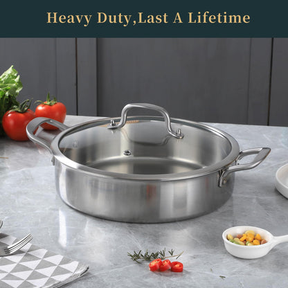 Yeksum 6QT Saute Pan with Lids, 3-Ply Stainless Steel Large Fry Pan, 12inch Induction Skillet with Lids, Healthy 18/10 inner Cooking Pan, Silver, Oven & Dishwasher Safe