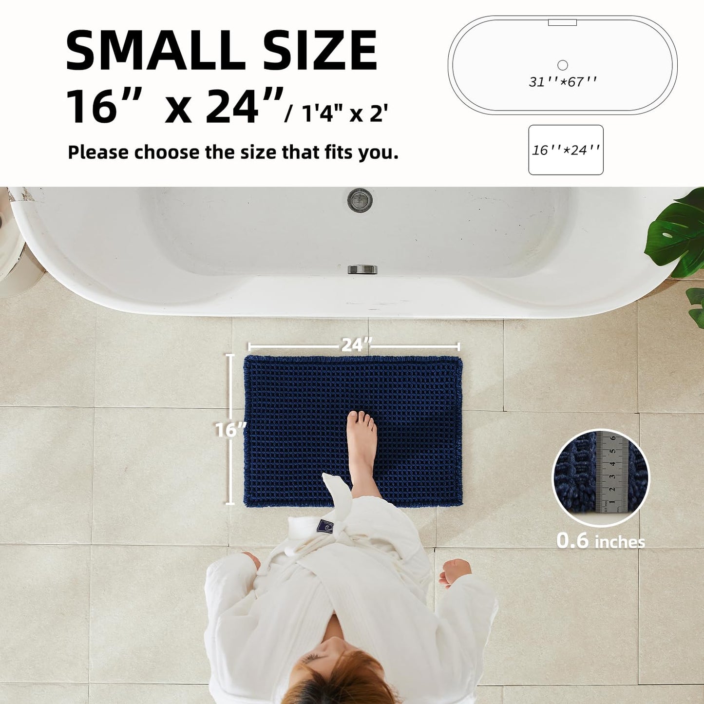 TYUU Waffle Bath Mat, Boho Bathroom Rugs Non Slip Washable Super Absorbent Quick Dry Bath Mat Farmhouse Bathroom Decor, 24"x16" Navy Blue