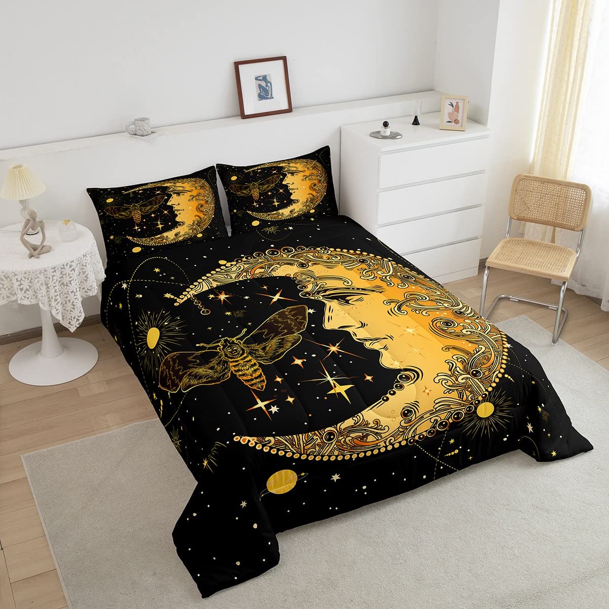 Erosebridal Boho Moth Bedding Set Full Black Yellow Sun and Moon Comforter Set,Gothic Moth Skull Quilt Duvet,Galaxy Starry Sky Down Comforter Tribal Paisley Decor Duvet Sets for Kids Boys Room Decor