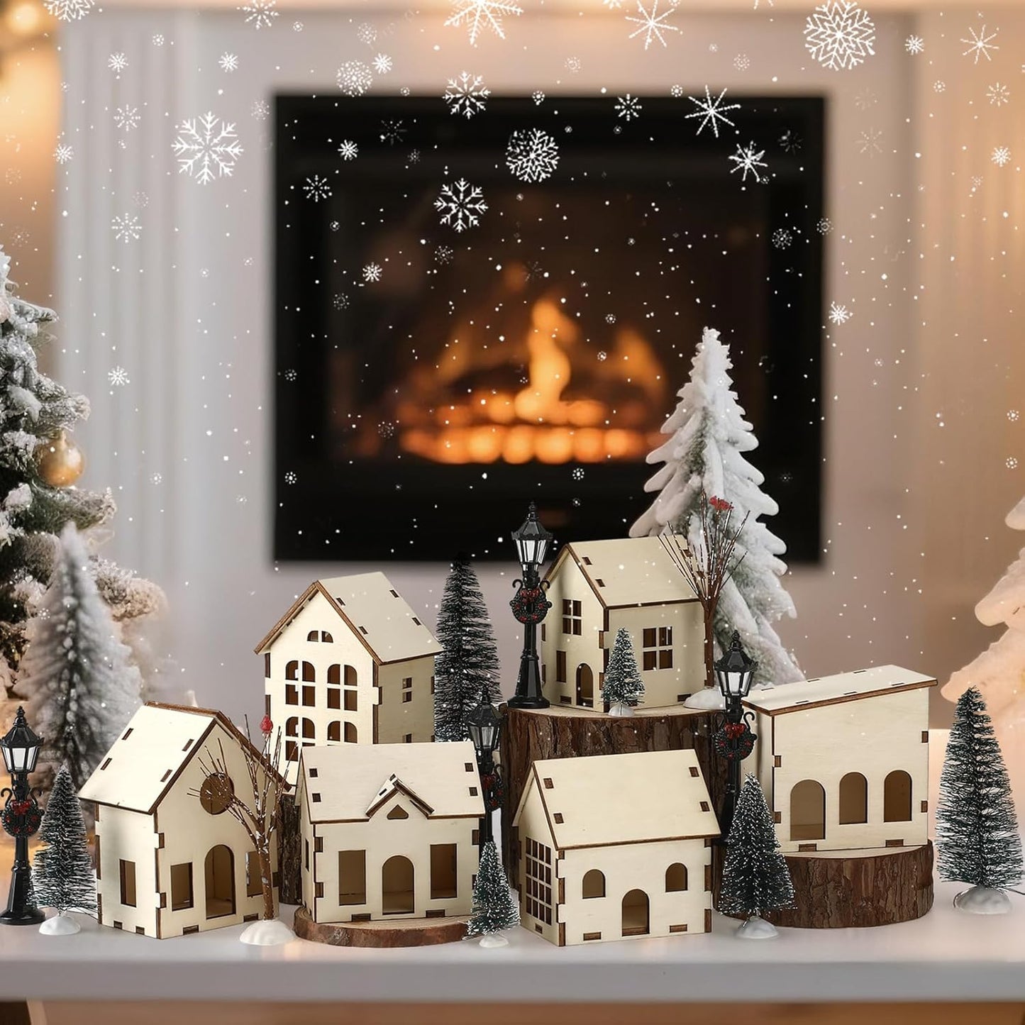 Pinkunn 19-Piece DIY Christmas Village Set - Mini Wooden Houses for Winter Decor | Perfect for Tabletop Display