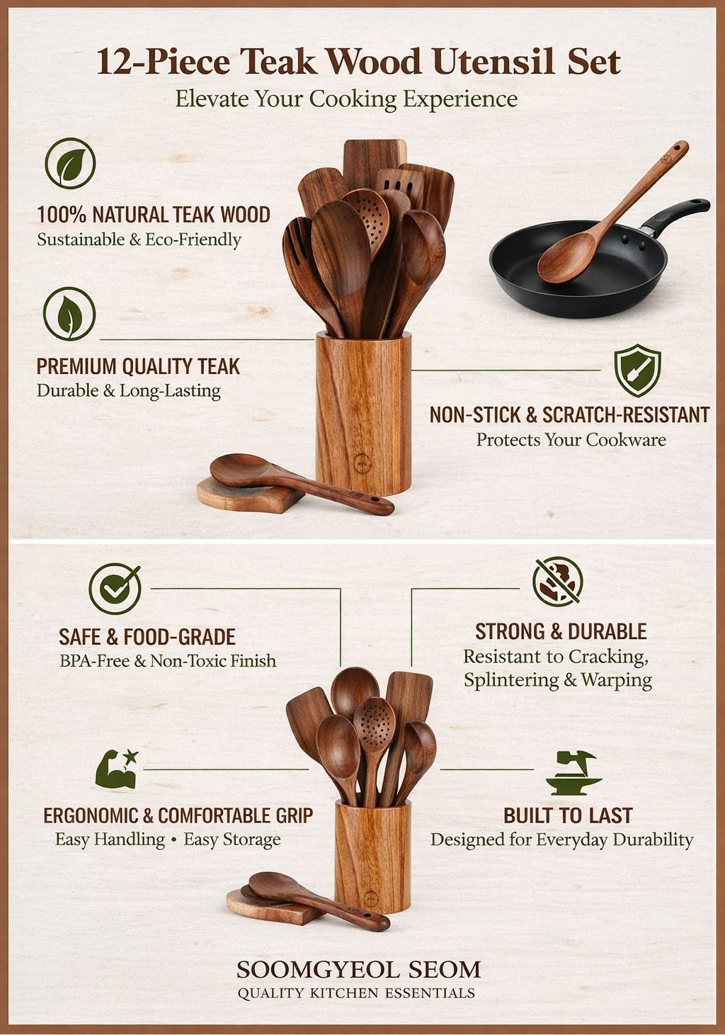 Skiennix 12-Piece Natural Teak Wood Utensil Set - Nonstick Cooking Spoons & Heat Resistant Tools