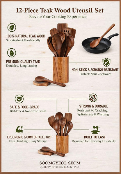 Skiennix 12-Piece Natural Teak Wood Utensil Set - Nonstick Cooking Spoons & Heat Resistant Tools