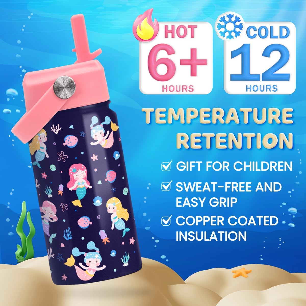 Skiennix Mermaid Water Bottle - Insulated 12 Oz Stainless Steel Cup with Straw Lid for Girls | Perfect for School & Sports