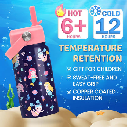 Skiennix Mermaid Water Bottle - Insulated 12 Oz Stainless Steel Cup with Straw Lid for Girls | Perfect for School & Sports