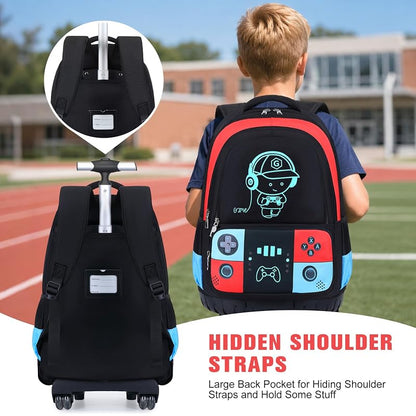 Rolling Backpack for Boys - 3-in-1 Kids Rolling Backpack with Wheels, Red/Blue
