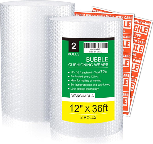 Wanguagua Bubble Packing Wrap - 2 Pack 12 Inch x 72 Ft | Perfect for Moving & Shipping Cushioning