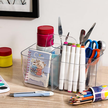 Multiuse Caddy Organizer by [Brand Name] - Portable Divided Tote Bin for Art, Makeup & More - Clear