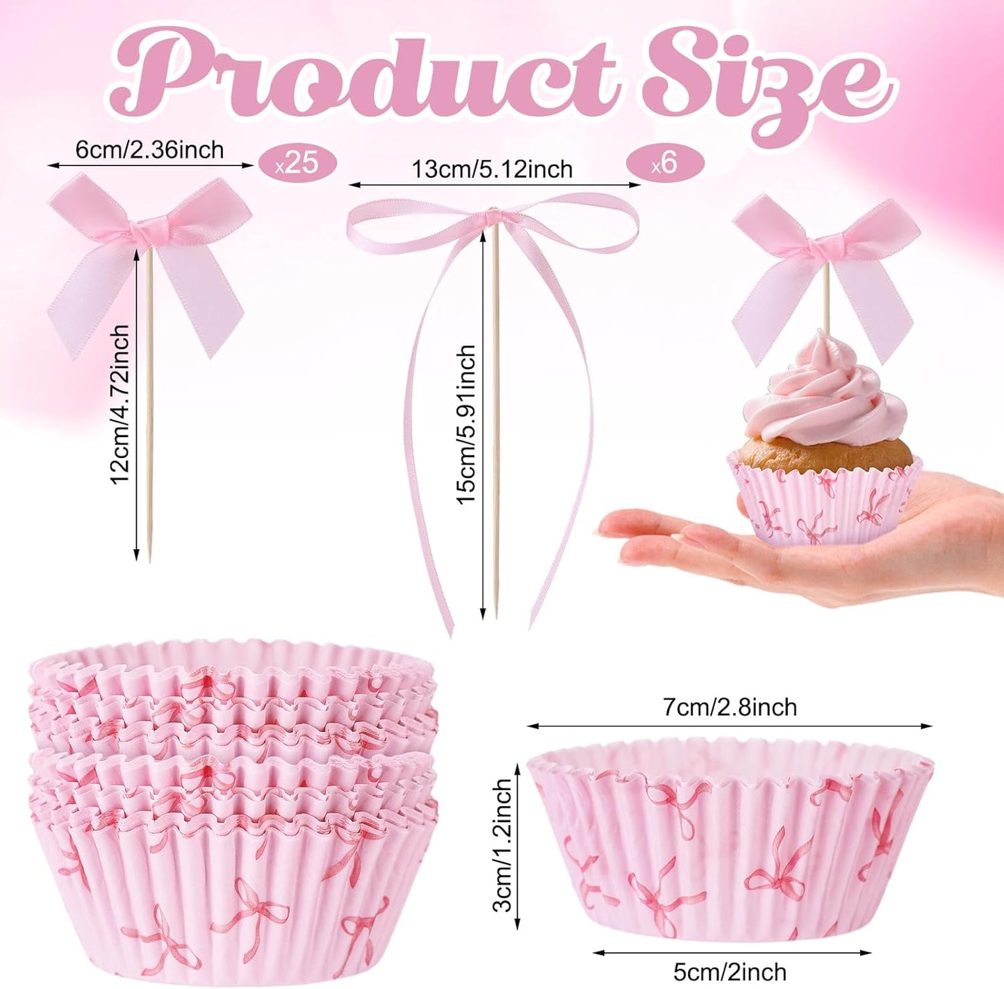 Regine Switzerland Pink Bow Cupcake Liners Set - 50 Cupcake Liners & 31 Bowknot Ribbons | Perfect for Parties & Celebrations