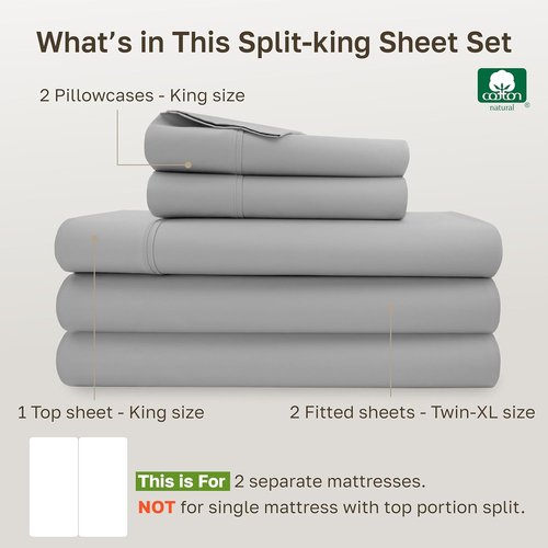California Design Den Split King Sheet Set - 100% Cotton, Silky Smooth Sateen, Deep Pockets, Light Grey
