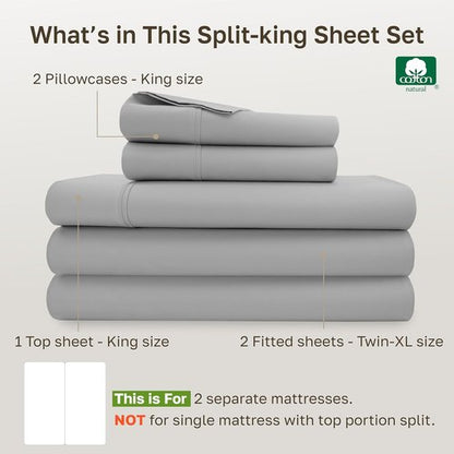 California Design Den Split King Sheet Set - 100% Cotton, Silky Smooth Sateen, Deep Pockets, Light Grey