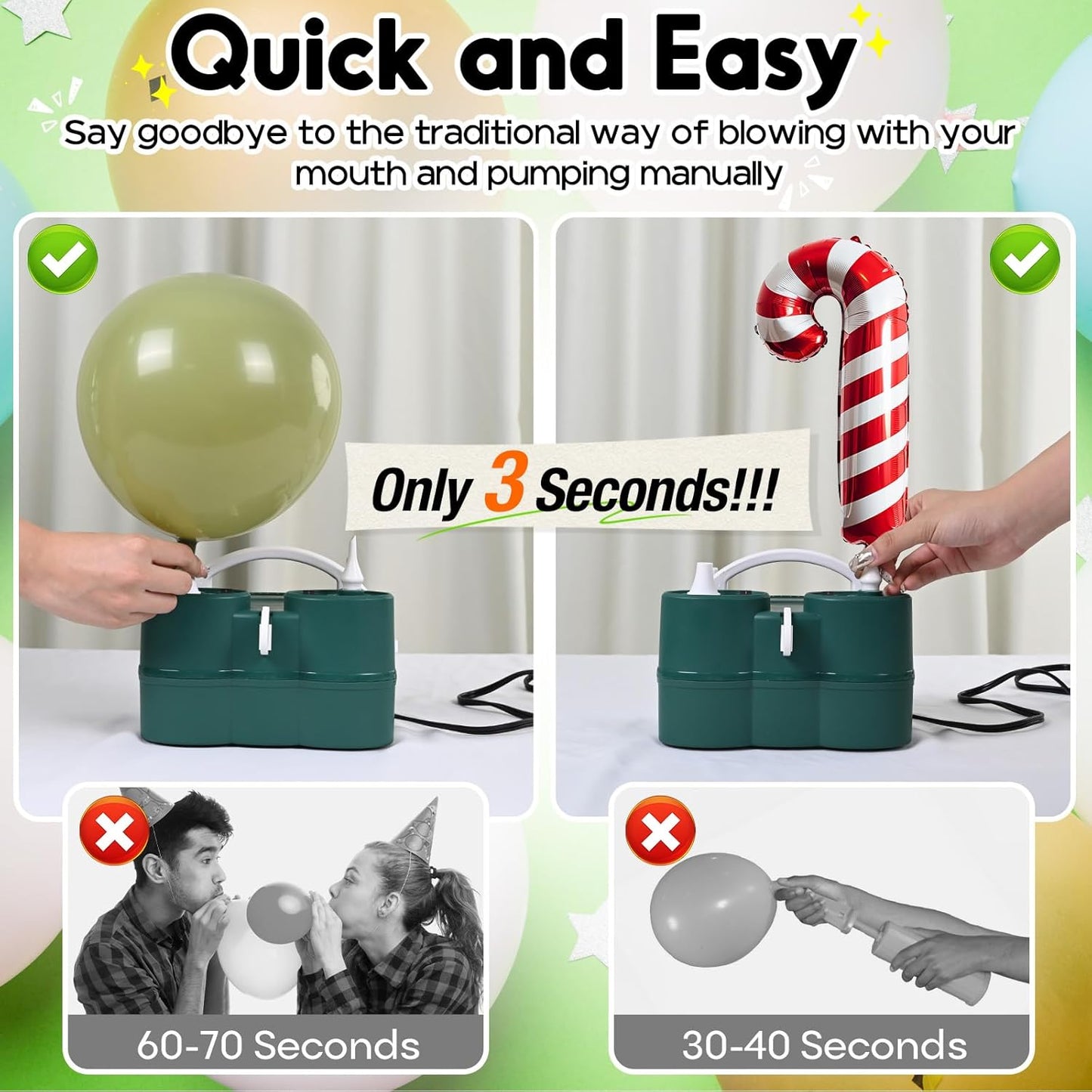 Skiennix 3-in-1 Electric Balloon Pump - Portable Dual Nozzle Inflator for Latex & Foil Balloons | 110V AC