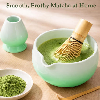 Skiennix Matcha Whisk Set - Complete 6PCS Ceramic Kit with Bowl, Bamboo Whisk, Scoop & Sifter - Green