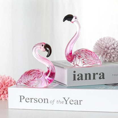 LONGWIN Handmade Art Glass Flamingo Figurines - Hand Blown Collectible Sculptures for Home & Wedding Decor (2 Pcs)