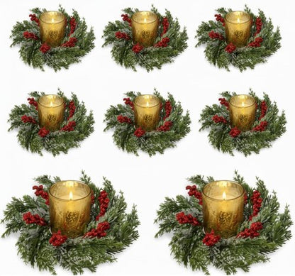 Cinnvoice Christmas Candle Rings - 8 Pcs Artificial Garland with Red Berries for Table Decor | Cypress