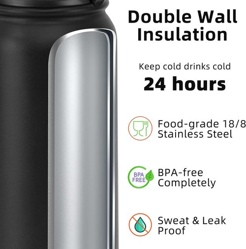 Fanhaw 20 Oz Insulated Stainless Steel Water Bottle - Leakproof Straw Lid | Black Sports Bottle for All