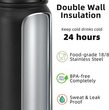 Fanhaw 20 Oz Insulated Stainless Steel Water Bottle - Leakproof Straw Lid | Black Sports Bottle for All