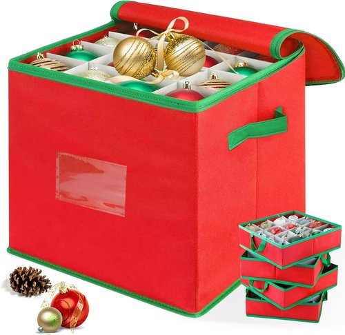 Christmas Ornament Storage Box - Red Oxford Canvas Case for 64 Ornaments | 4 Removable Trays