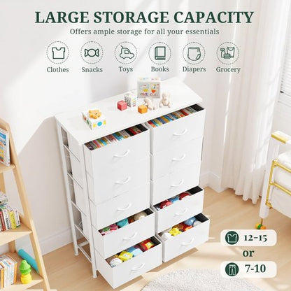 10-Drawer Dresser for Bedroom, Anti-Tip Tall Storage Organizer Chest of Drawers with Wooden Top and Metal Frame Fabric Bins for Closet, Living Room, Hallway, Entryway, White