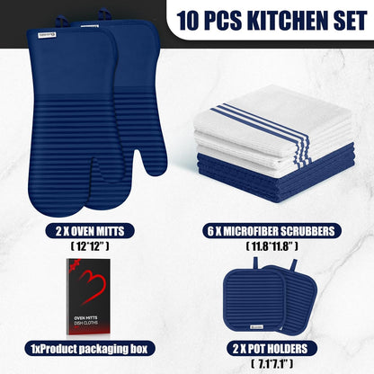 Skiennix Oven Mitts and Pot Holder Set - 500°F Heat Resistant Silicone Grip | 6 Pack Cotton Dish Towels - Marine Blue Kitchen Essentials