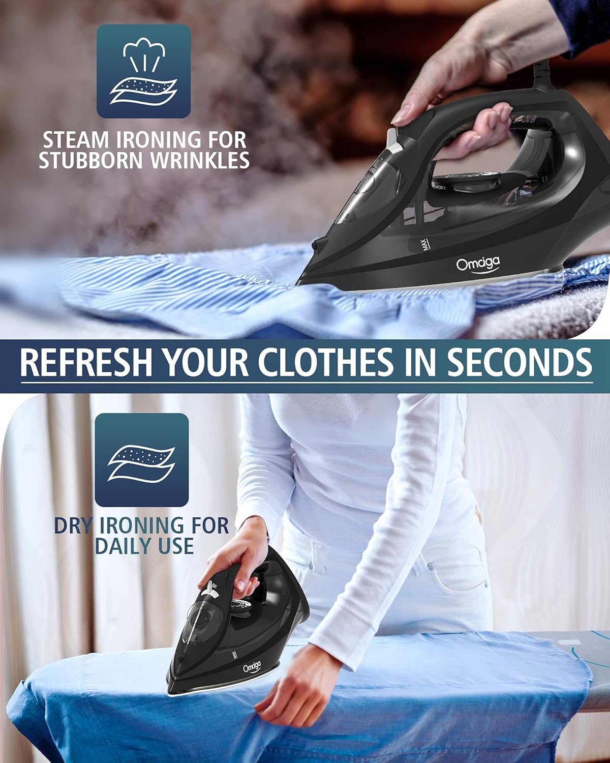 OMAIGA Steam Iron - 1500W Rapid Heating Iron with Non-Stick Soleplate & Auto-Off | Black