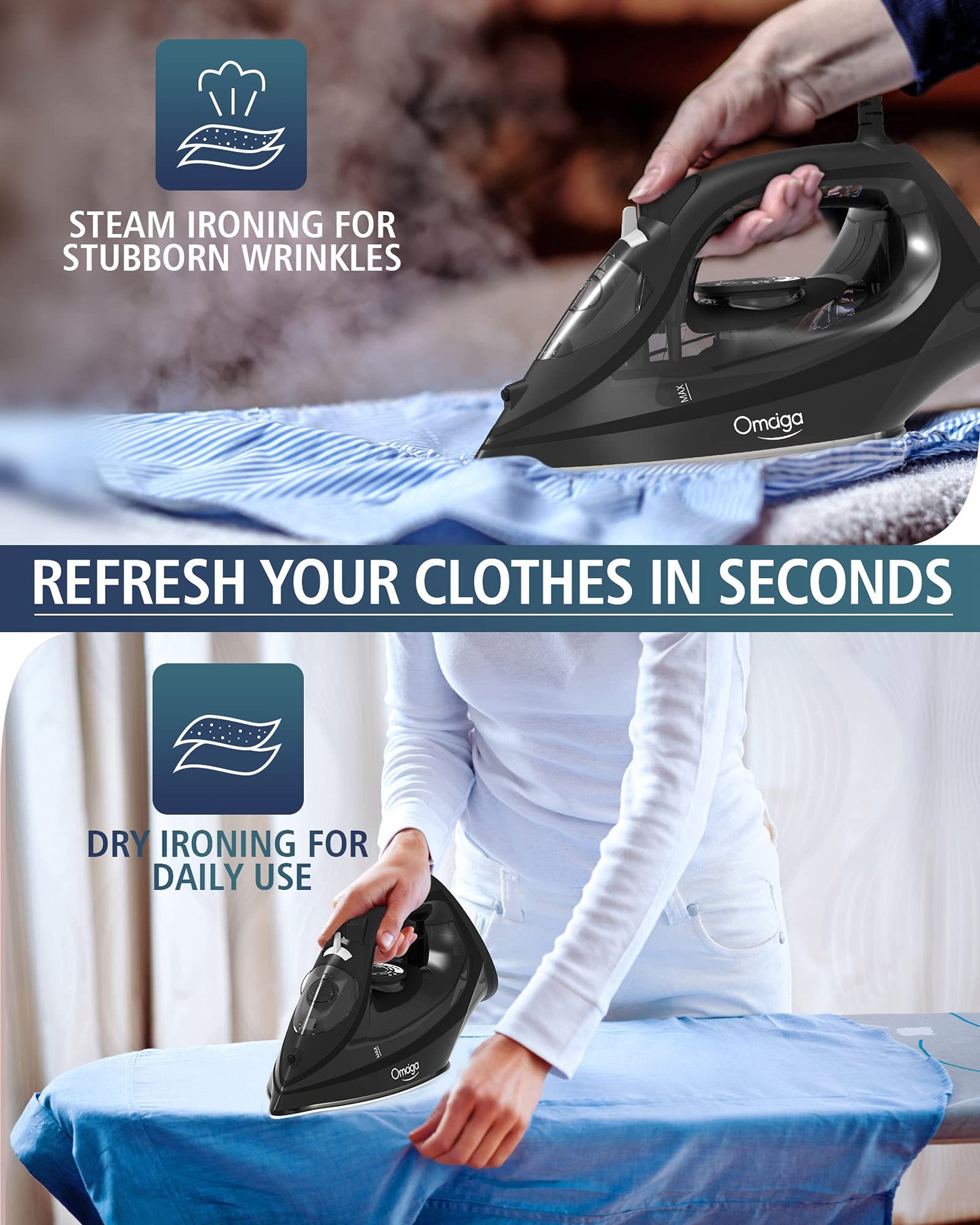 OMAIGA Steam Iron for Clothes, 1500W Iron with Rapid Heating, Non-Stick Ceramic Soleplate, Burst of Steam, Self-Cleaning, Auto-Off, Anti-Drip, 11.84oz Water Tank Ironing Clothes for Home, Black