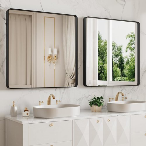 LOAAO Black Metal Framed Bathroom Mirror - 38x38 Inch Rounded Rectangle, Anti-Rust Tempered Glass, Versatile Hanging Options