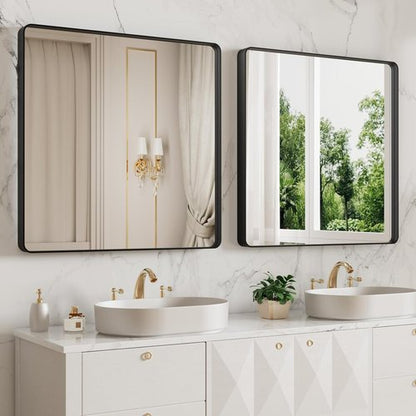 LOAAO Black Metal Framed Bathroom Mirror - 38x38 Inch Rounded Rectangle, Anti-Rust Tempered Glass, Versatile Hanging Options