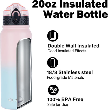 Oldley Insulated Water Bottle - 20oz Stainless Steel Bottle with 3 Lids & Straw | Double Wall Vacuum - Light Pink-Blue