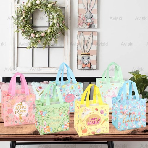 Aviski 6PCS Happy Easter Egg Hunt Bags Bunny Carrot Chick Egg Gift Bag with Handles, Easter Treat Bags, Non-Woven Gifts Wrapping, Spring Party Supplies