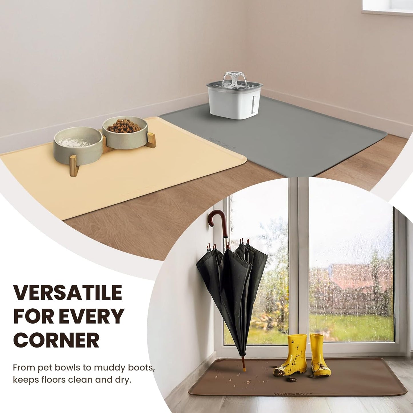 VIVAGLORY Dog Food Mat - Non-Slip Waterproof Silicone Bowl Placemat with Raised Edges | Grey, Small