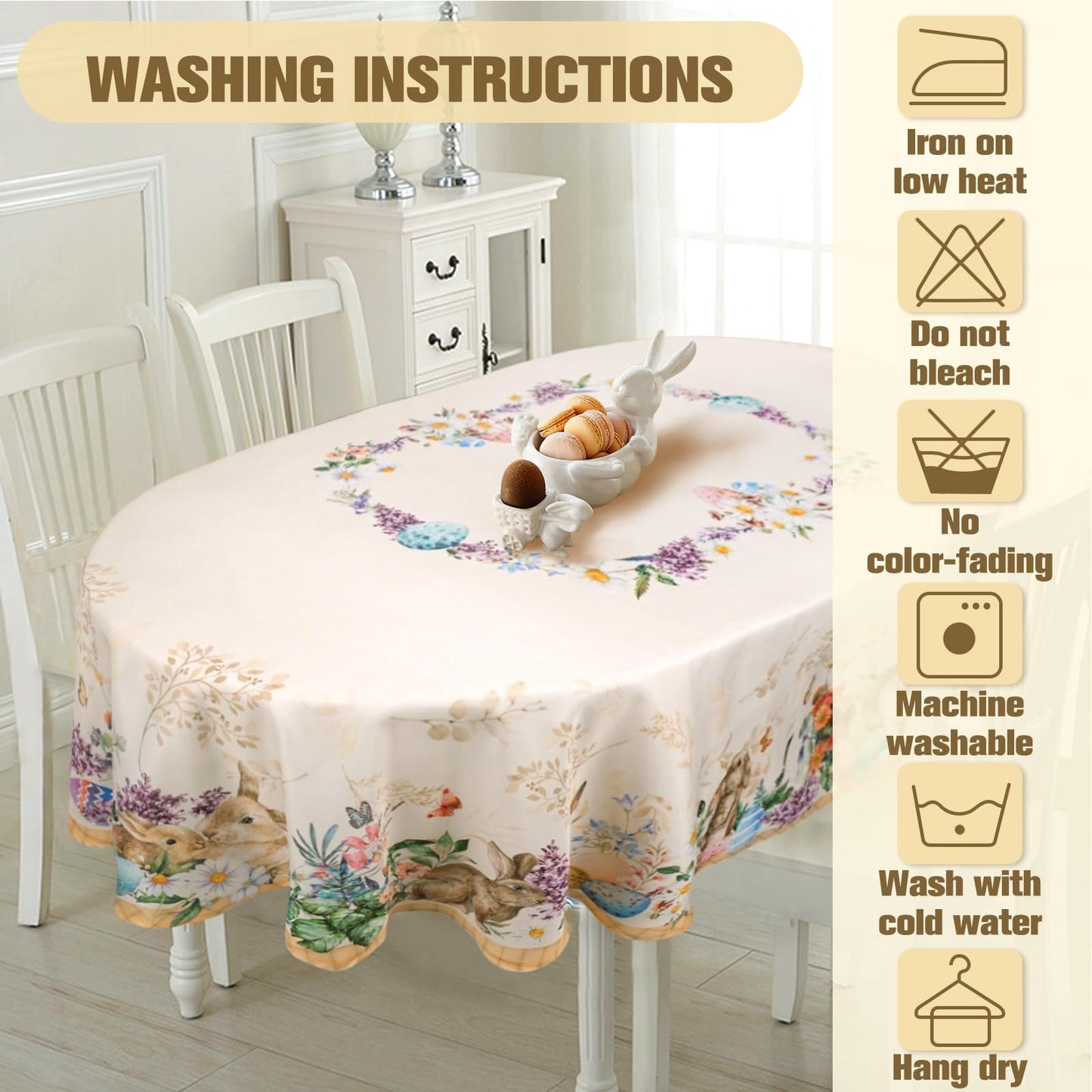 uwdfnwuif Easter Oval Tablecloth 60" x 120" Waterproof Fabric Spring Easter Bunny Table Cloths for Indoor Outdoor Kitchen Dining