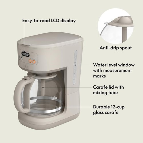 BELLA 12-Cup Programmable Coffee Maker - Easy LCD Display, Auto Shutoff, Reusable Accessories, 900 Watts