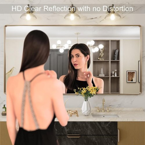 LOAAO Gold Bathroom Mirror - 72”x36” Rounded Rectangle Design | Wall-Mounted, Anti-Rust Tempered Glass